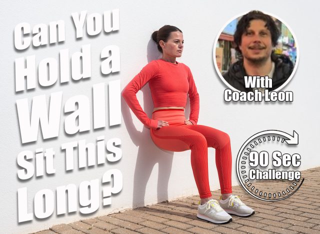 Sporty woman doing squats against a white wall outside in the sun. If You Can Hold a Wall Sit for This Long, Your Leg Strength Is Elite After 60. Cover