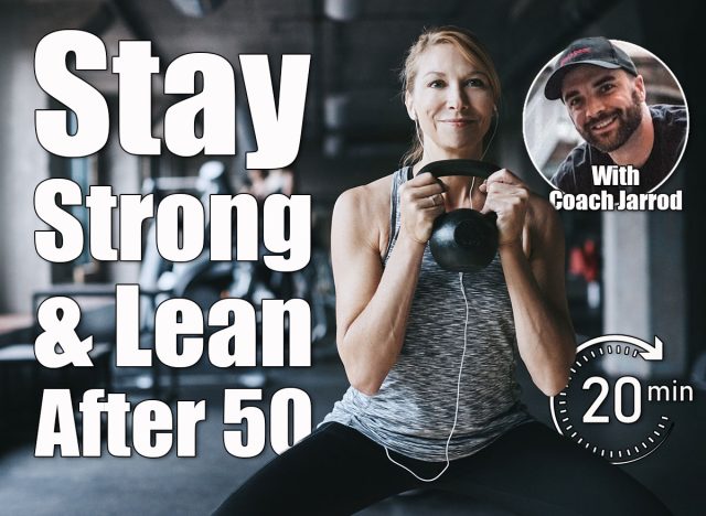 Woman, kettlebell and music in gym with exercise for core strength, endurance workout and power challenge. Smile, athlete and earphones with squats for bodybuilding competition or audio with mockup. 4 Moves That Keep You Strong & Lean After 50. Cover