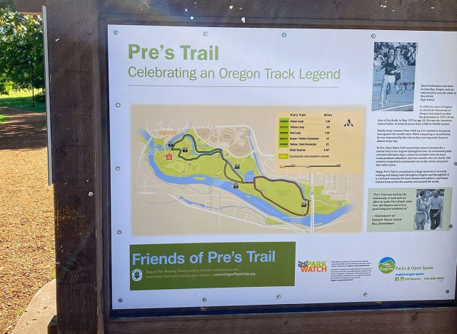 Eugene, USA - July 14, 2022: Information sign of "Pre's Trail" a running trail at Alton Baker Park named after Steve Prefontaine with explanations of the Oregon Track Legend and a map