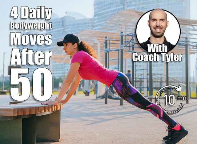 Woman doing incline push-ups on a bench in an outdoor gym, focusing on strength and endurance during her fitness routine in an urban park. 4 Bodyweight Exercises Women Should Do Every Day After 50. Cover