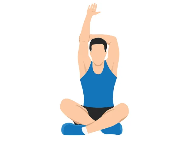 Man doing stretching raised arm. Stretches his arms while sitting in lotus pose. Flat vector illustration isolated on white background