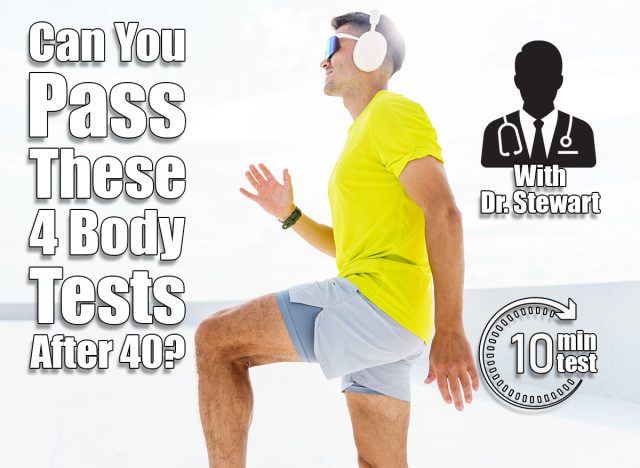 A man in a bright yellow shirt, wearing headphones and sunglasses, exercises outdoors in the sun, lifting one knee as part of a fitness routine. 4 Bodyweight Tests That Reveal Your True Fitness Age After 40. Cover