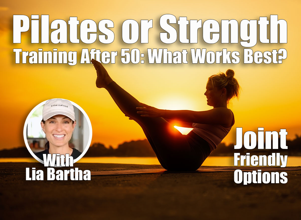 Woman exercising pilates in sunset. Teaser exercise. Strength Training vs. Pilates: Which Gets Better Results for Women Over 50? Cover