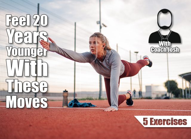 Young woman passionate about sports exercises outdoors on a running track, listening to music and focusing on her bird dog exercise, showcasing dedication to a healthy lifestyle. 5 Simple Strength Moves That Make You Feel Decades Younger After 40. Cover