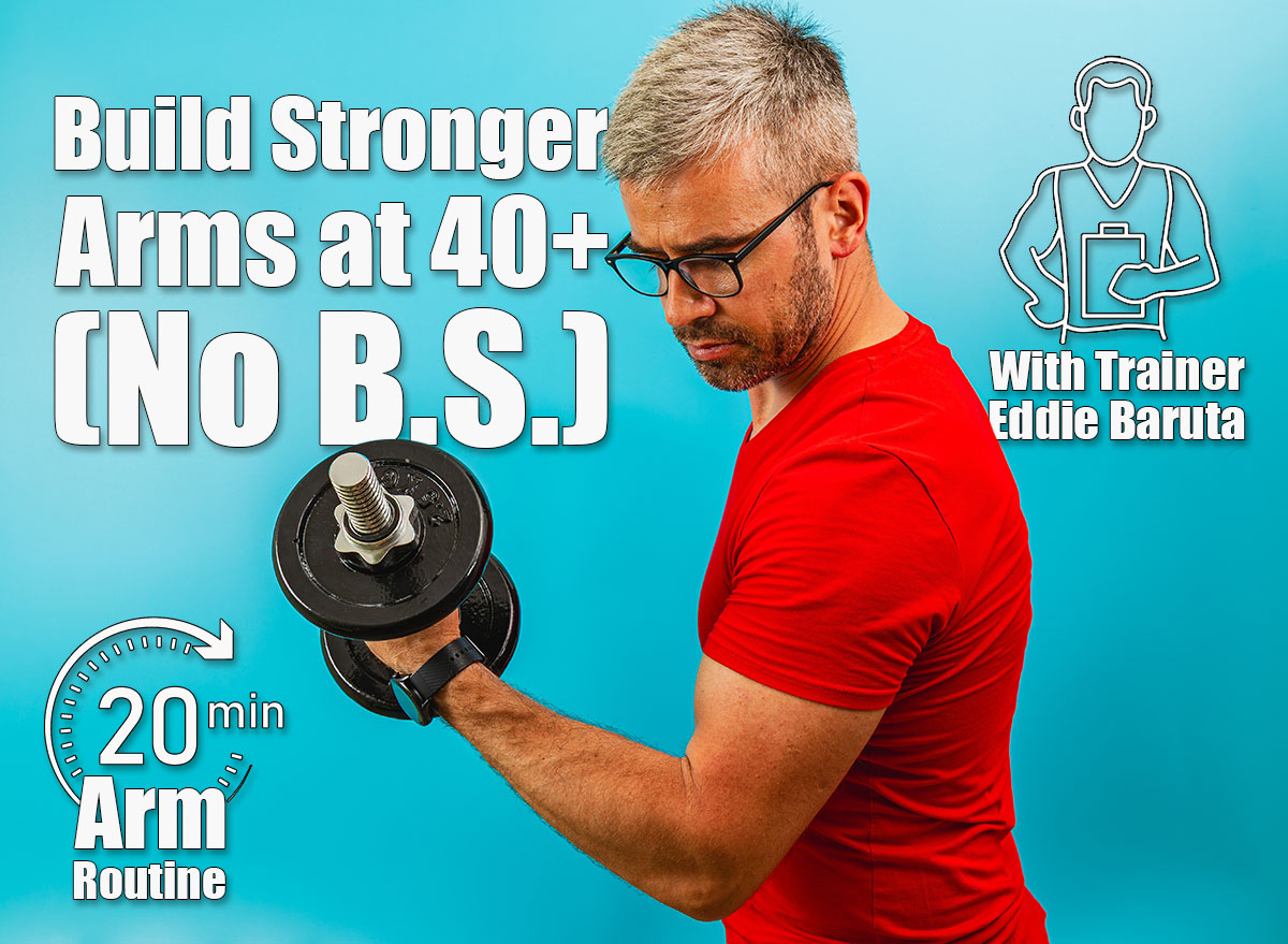 A man with gray hair and glasses exercises by lifting a dumbbell, showcasing strength and determination in a vibrant blue gym environment. Building Stronger Arms After 40 Could Be Way Easier Than You've Been Told. Cover
