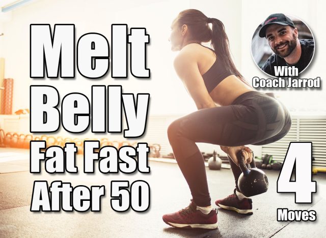 Athletic woman exercising with kettle bell while being in squat position. Muscular woman doing cross fit workout at gym. 4 Simple Moves That Melt Belly Fat Fast for People Over 50. Cover