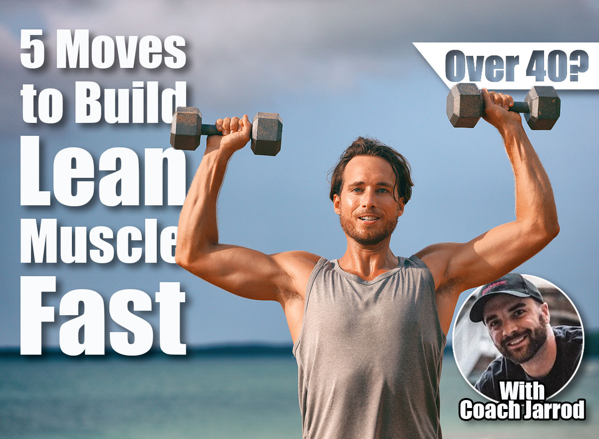Fitness weightlifting man doing shoulder press. Gym workout lifting dumbbell weights. Male athlete with muscular arms with dumbbells overhead training biceps. 5 Strength Moves That Build Lean Muscle Fast After 40. Cover