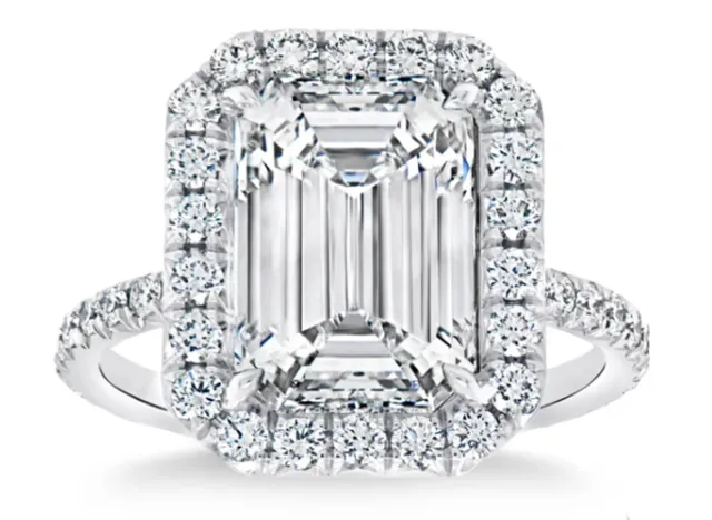 Emerald Cut 5.81 ctw VVS2 Clarity, G Color Diamond Platinum Halo Wedding Ring