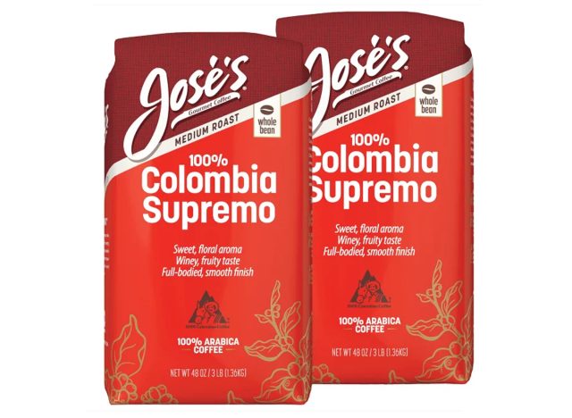 Jose's 100% Colombia Supremo Whole Bean Coffee, Medium, 3lbs, 2-pack