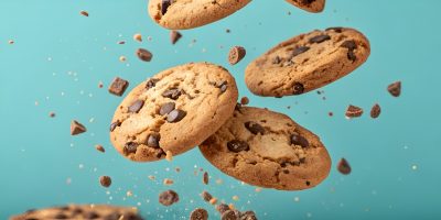 Falling chocolate cookies on color background. Crispy chocolate chip cookie flying or levitating.