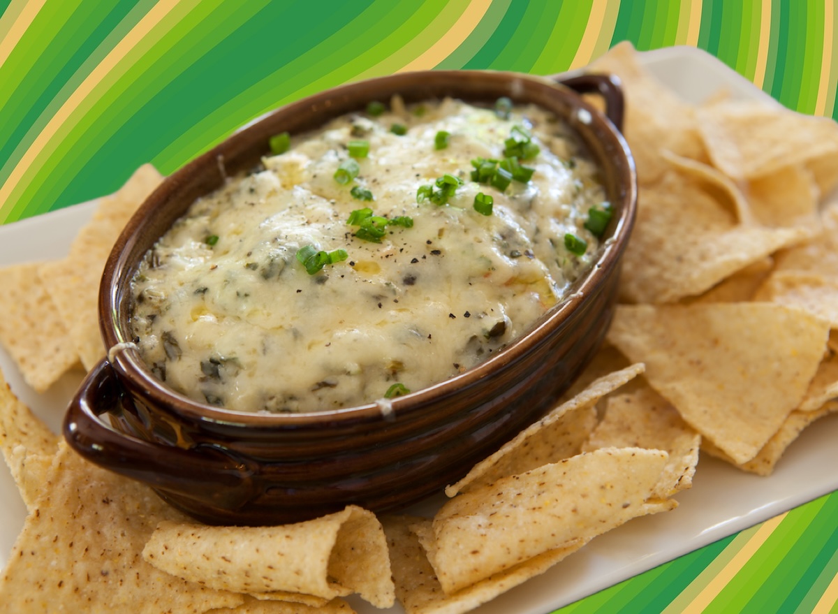 Green, yellow, spinach artichoke dips, tortilla chips