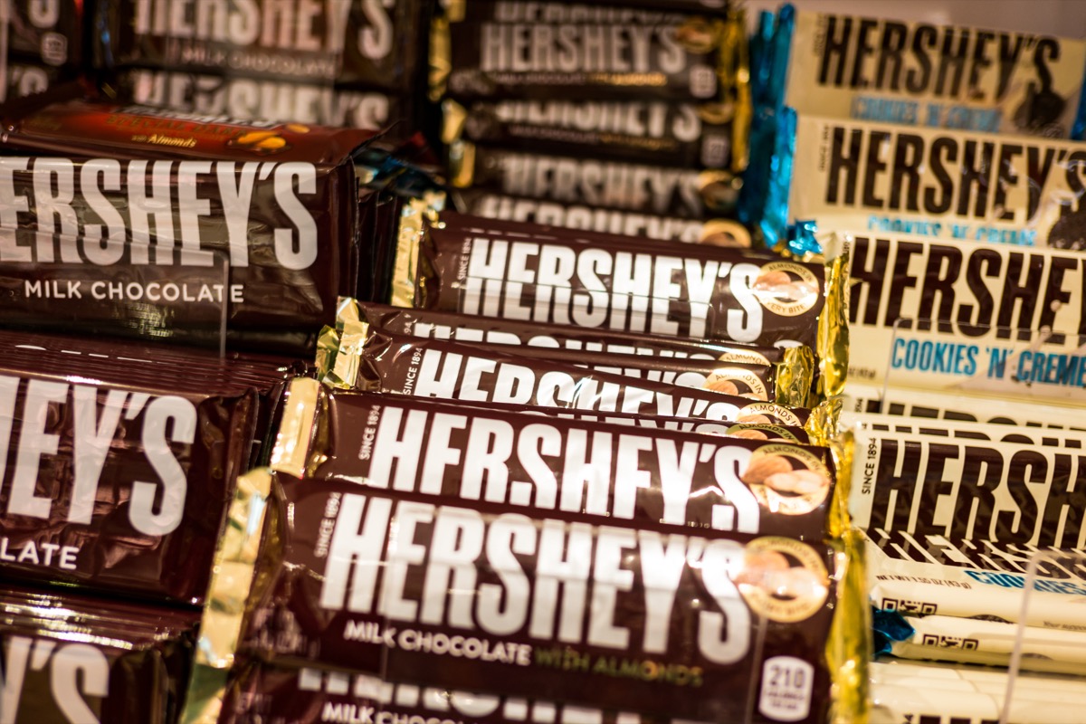 SINGAPORE - November 10, 2017 : Hershey's chocolate on the shelf for selling. Hershey's was founded in 1894 and is the largest chocolate manufacturer in North America.