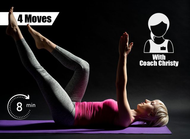 Woman exercising pilates. Dead bug exercise.4 Bodyweight Moves That Shrink Your Waist Size Better Than Planks After 40. Cover