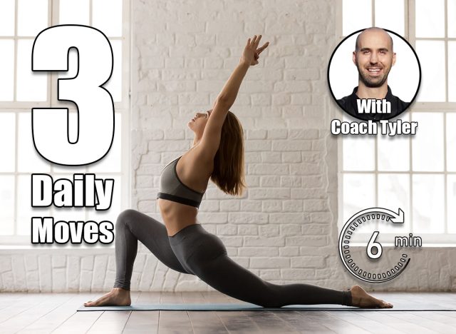 Sporty concentrated woman in grey sportswear, bra and leggings practicing yoga, standing in anjaneyasana pose, attractive girl doing Horse rider exercise, working out at home or in yoga studio. 3 Daily Movements That Keep Your Body 10 Years Younger After 44. Cover