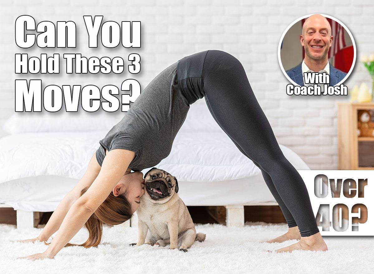 Asian woman practice yoga Downward Facing dog to meditation and kissing her dog pug breed enjoy and relax with yoga. Spending time and playing with dog at home. Recreation love with Dog Concept. Over 40? If You Can Hold These 3 Positions, You're Defying Age. Cover