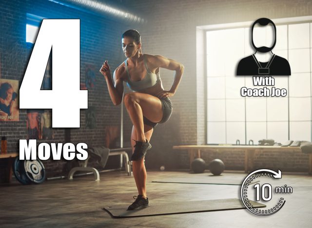 Strong and Fit Beautiful Athletic Woman in Sport Top and Shorts is Doing March and Twist Exercises in a Loft Style Industrial Gym with Motivational Posters. It's Her Fitness Training Workout. 4 Standing Moves That Flatten Your Stomach Better Than Planks After 50. Cover