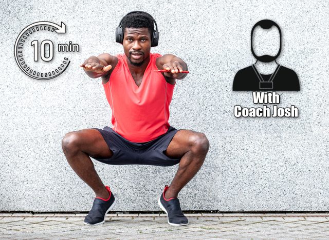 african american sports guy working out with headphones outdoors against wall, athletic man crouches and does physical exercises, copy space, 4 Fitness Challenges Every Man After 40 Should Master. Cover