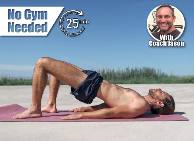 Concept: sport. Attractive blond man with long hair collected with a beard. Doing pilates and yoga outdoors. Pelvic tilt to pelvic curl pose. The 21-Day Bodyweight Challenge to Build Lean Muscle in Record Time. Cover.