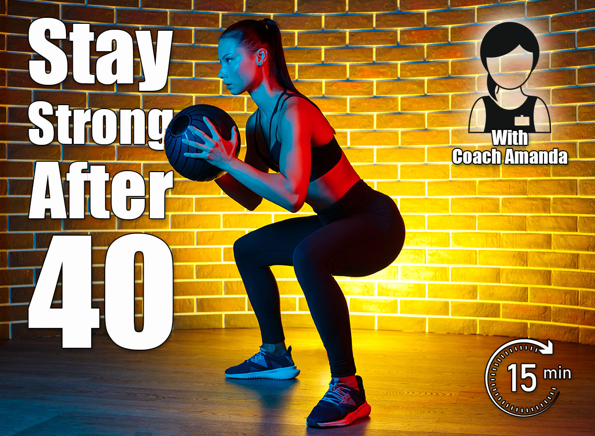 Fit young brunette woman doing squat exercise with medicine ball in gym in neon lights. 4 Essential Exercises Everyone Over 40 Should Do to Stay Strong for Life. Cover