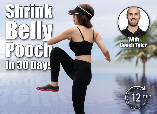 Woman doing high knee twist exercise on the beach with sunrise on the morning. 6 Best Standing Exercises To Shrink Belly Pooch in 30 Days. Cover