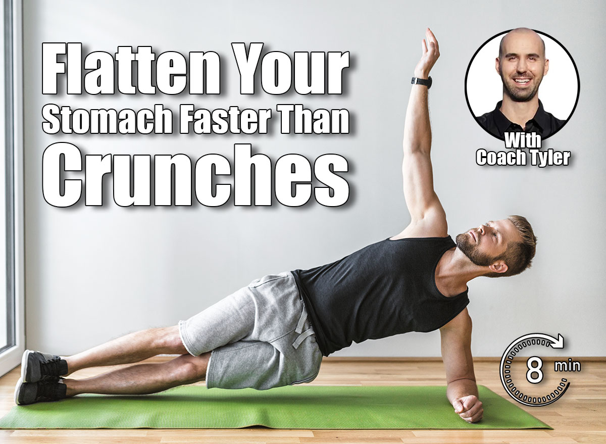 Handsome young man working out at home with a smart watch. These 3 Floor Exercises Flatten Your Stomach Faster Than Crunches After 45. Cover