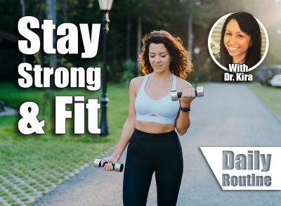 Outdoor shot of motivated brunette young woman wears cropped bra and leggings, has slim perfect figure, raises dumbbells and trains biceps, has workout in open air. Fitness exercising concept. Is Walking Enough To Stay Strong & Fit After 50? Cover