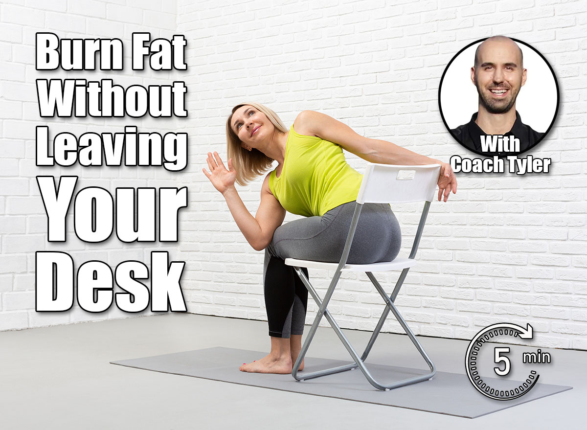 Yoga with a chair. Adult caucasian woman sits and practice side twists with props on a mat in loft white studio indoor, selective focus.5 Desk Stretches That Burn More Fat Than a 30-Minute Walk After 40. Cover