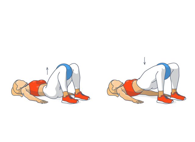 Girl Doing Glute Bridge Exercise with Fitness Mini Ball Guidance Illustration. Colorful Concept of Female Working at Home on Her Glutes a Young Woman in Sportswear Doing Bridge in Two Stages.