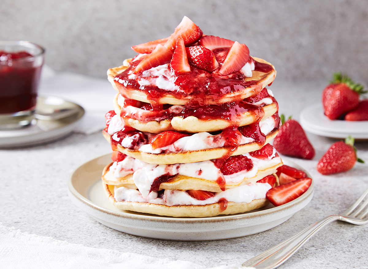 strawberry yoghurt cream jam pancake tower