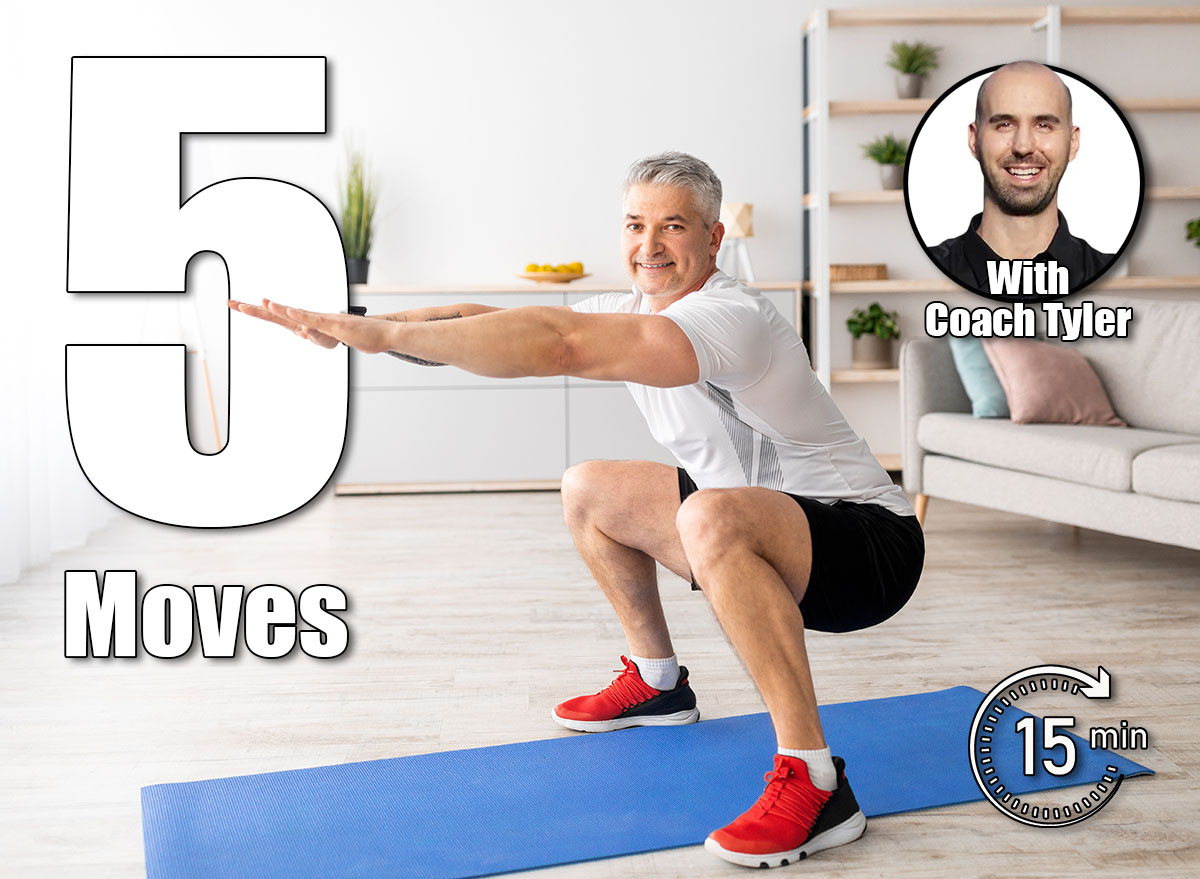Home workout concept. Happy senior man in sportswear doing squats indoors in living room interior. Positive man exercising her legs on domestic training during coronavirus isolation. These 5 Simple Exercises Burn More Calories Than an Hour of Cardio. Cover