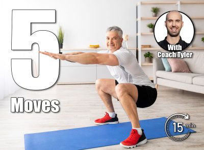 Home workout concept. Happy senior man in sportswear doing squats indoors in living room interior. Positive man exercising her legs on domestic training during coronavirus isolation. These 5 Simple Exercises Burn More Calories Than an Hour of Cardio. Cover
