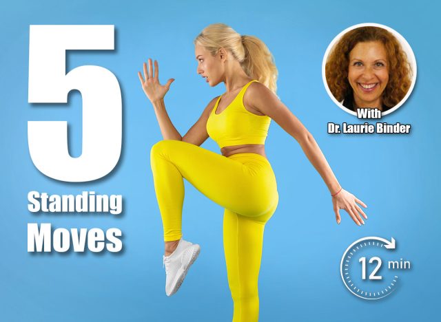 Training Concept. Confident Focused Fit Young Lady In Sportswear Jumping And Lifting Leg Up, Doing High Knee To Elbow Exercise On Blue Studio Wall. Profile Side View Portrait. Energy And Sport. 5 Standing Moves That Shrink Belly Fat Better Than Sit-Ups After 40. Cover
