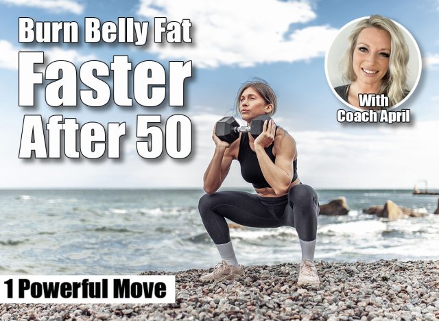 Strong athletic woman exercising with heavy dumbbell on the beach during the day with blue sky and clouds. Functional outdoor training. The Best Move To Burn More Belly Fat Than Running After 50. Cover