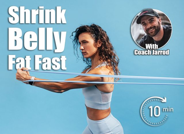 Strong woman workout with resistance band. Side view of young female using stretch bands. 5 Standing Moves That Flatten Your Stomach Faster Than Crunches After 40. Cover