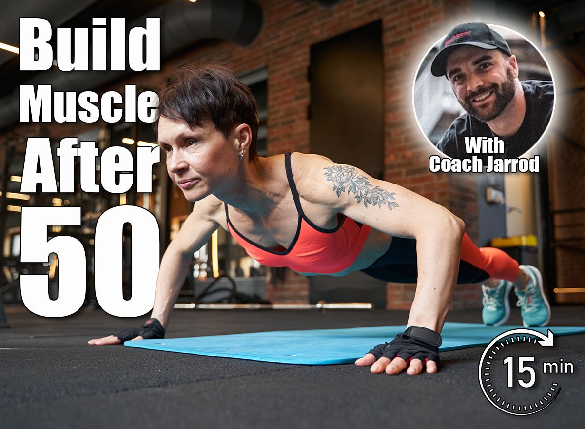 Muscular woman performing push-up on gym floor. 6 No-Equipment Moves That Build More Muscle Than Gym Workouts After 50. Cover