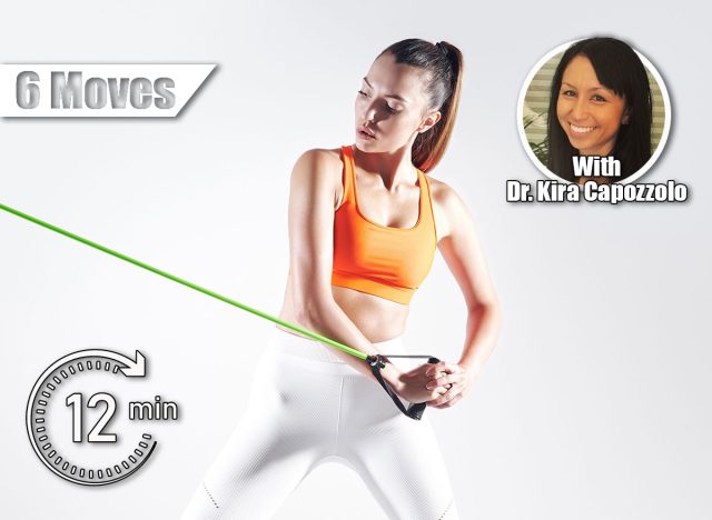 Concentrated woman using resistance band while exercising against white background. The 6 Best Exercises To Eliminate Love Handles. Cover