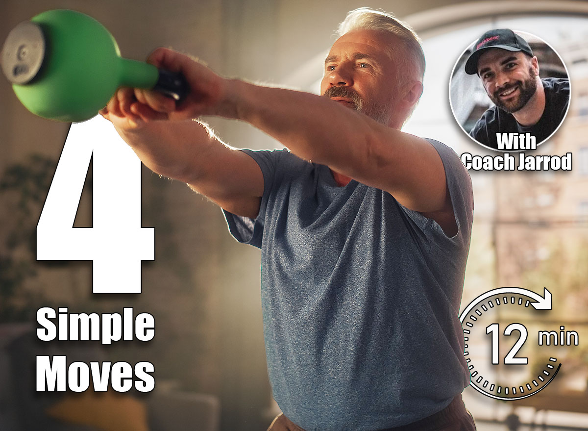 Strong Athletic Fit Senior Man Lifting and Swinging a Heavy Kettlebell, Doing Core Strengthening Exercises During Morning Workout at Home in Sunny Apartment. Concept of Health and Fitness. 4 Simple Moves That Torch Visceral Fat in Your 50s. Cover