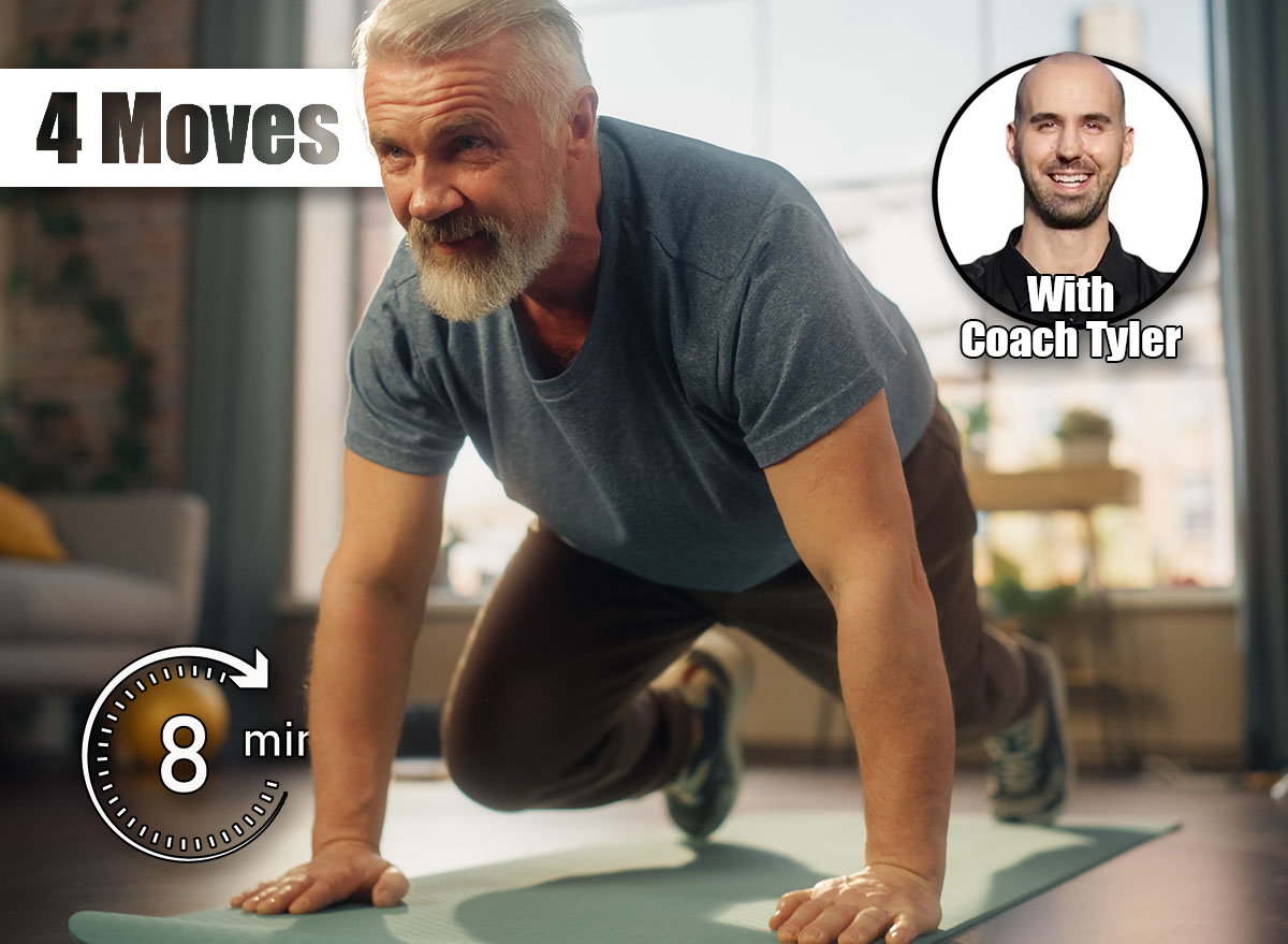 Strong Athletic Fit Middle Aged Man Doing Mountain Climber Exercises During Morning Workout at Home in Bright Apartment. Healthy Lifestyle, Fitness, Recreation, Wellbeing and Retirement. This 8-Minute Routine Burns More Fat Than 30 Minutes of Cardio After 40. Cover