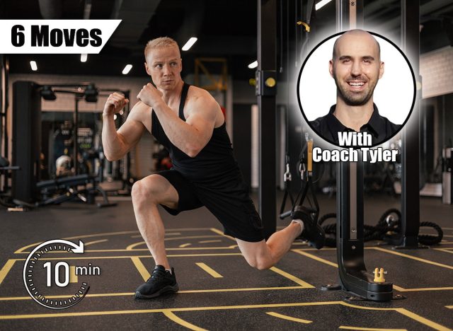 Strong sportsman doing bulgarian lunges in a gym with TRX. 6 Bodyweight Moves That Build Strength Faster Than Gym Equipment After 45. Cover