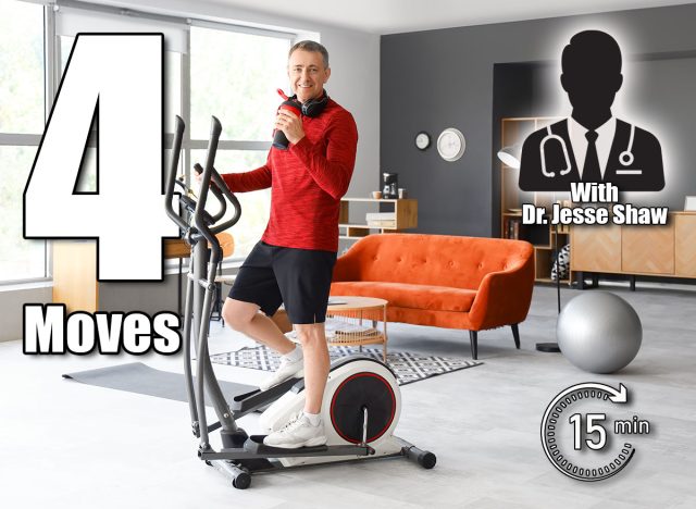 Sporty mature man with bottle of water training on elliptical trainer at home. 4 Low-Impact Moves Men Over 50 Should Do Every Day to Stay Strong. Cover