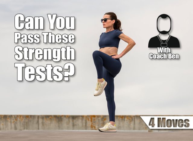 Sporty woman stretching leg muscles with standing single knee to chest stretch, 4 Standing Strength Tests Every Person Over 45 Should Master. Cover