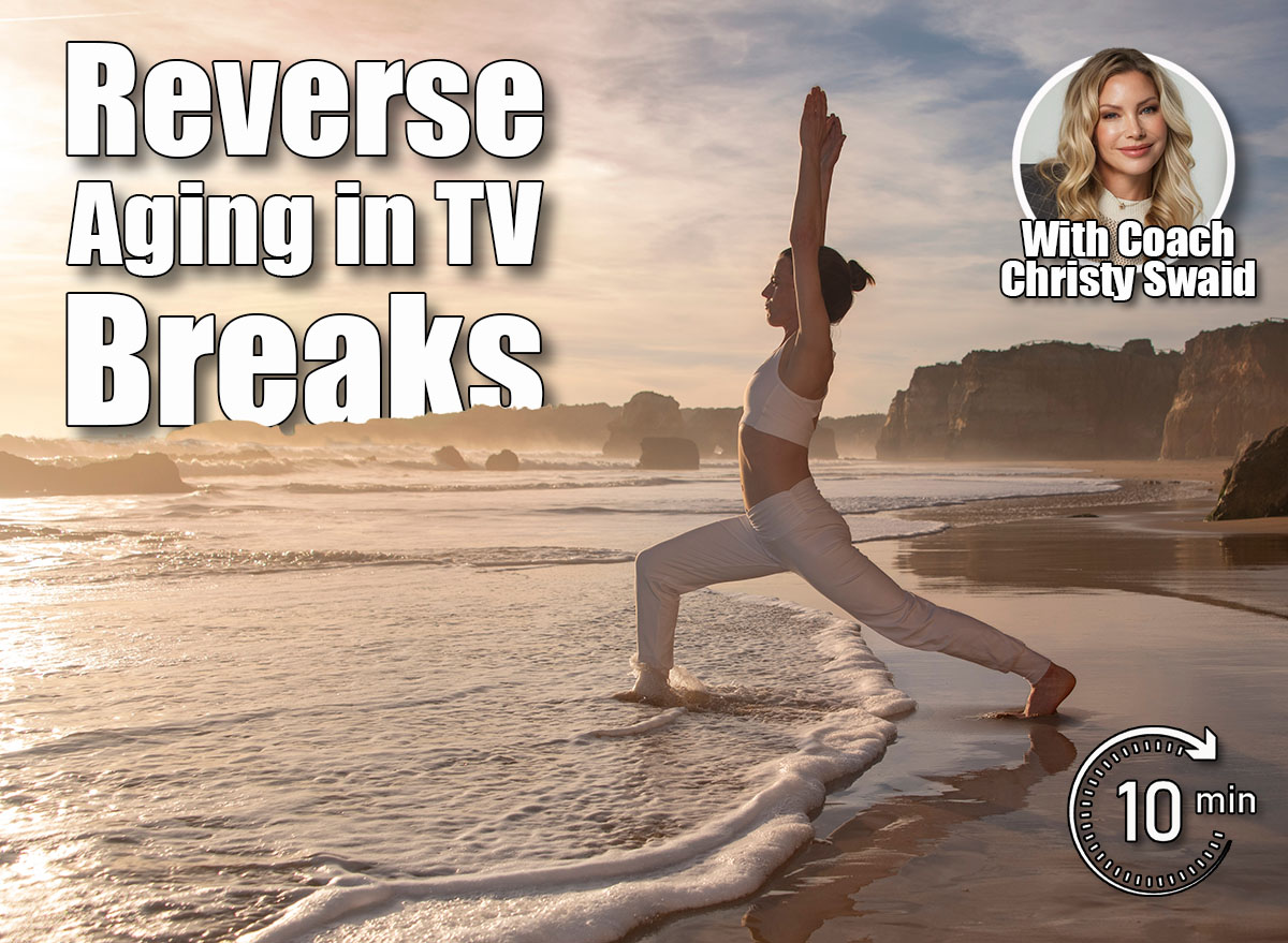 Sporty woman doing a yoga high lunge pose on a beach at sunrise, sunset. These 3 TV Commercial Break Exercises Reverse Aging After 40. Cover