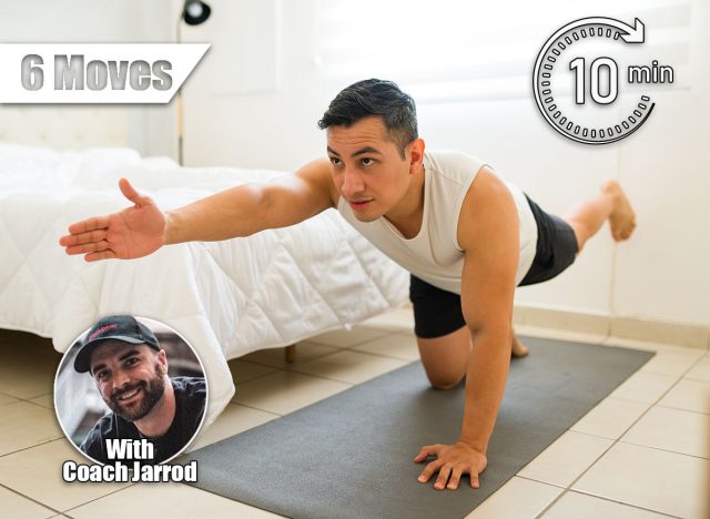 Hispanic man showing strength in yoga bird dog pose, stretching arm and leg on exercise mat in the morning. The 6 Best Strength Moves Every Person Over 50 Needs to Build Now. Cover