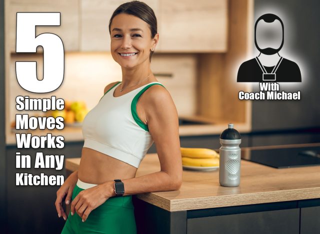 Happy woman in sportswear standing in home kitchen after doing workout. 5 Kitchen Counter Exercises That Work Better Than Expensive Equipment. Cover