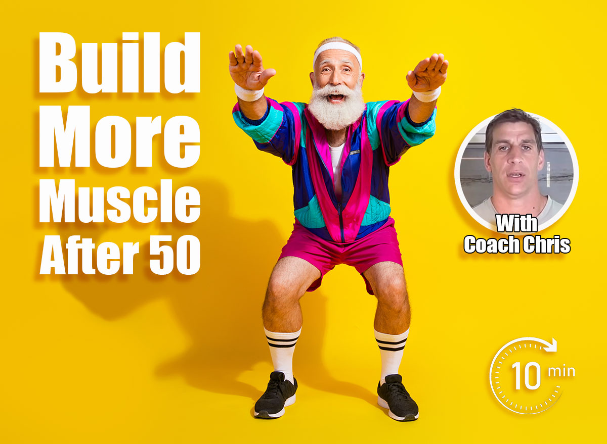 Full length photo of sportive cool modern pensioner dressed vintage jacket squatting emtpy space isolated yellow color background. 4 Simple Exercises That Build More Muscle Than Weight Training After 50. Cover