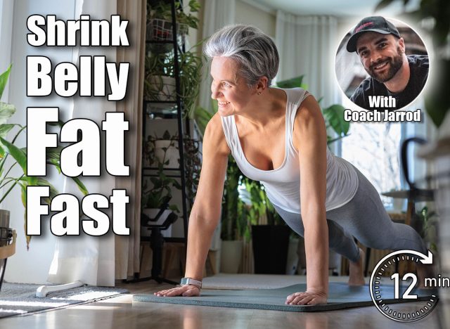Happy smiling mature middle-aged woman with gray hair does plank exercise. Elderly lady with beautiful athletic body. Anti aging concept. 5 Bodyweight Moves That Melt Belly Fat Faster Than Planks After 45. Cover