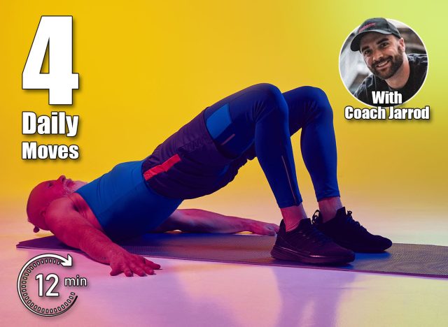 Senor man in sportswear lying on fitness mat and doing glute bridge exercise for fit lower body against gradient yellow background in neon. Concept of sport, active elderly lifestyle, health care. 4 Daily Exercises That Reverse Muscle Loss Faster Than the Gym. Cover