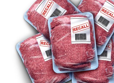 Ground Meat Recall concept as a symbol of contaminated beef or Bacterial outbreak with salmonella or listeria foodborne illness causing food poisoning dangerous bacteria as a public health risk.