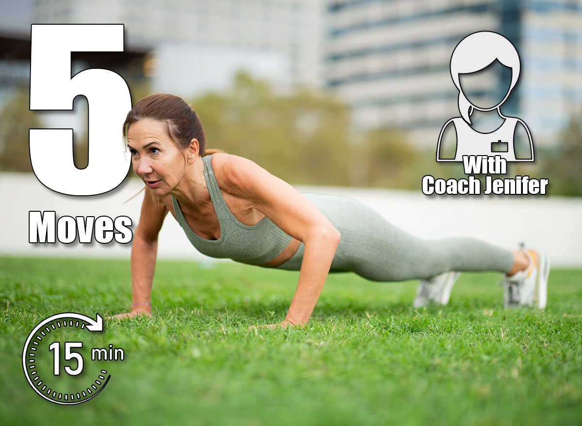 Portrait active woman doing push-up exercise on green grass in urban park. These 5 Everyday Moves Keep Me Strong in My 50s. Cover