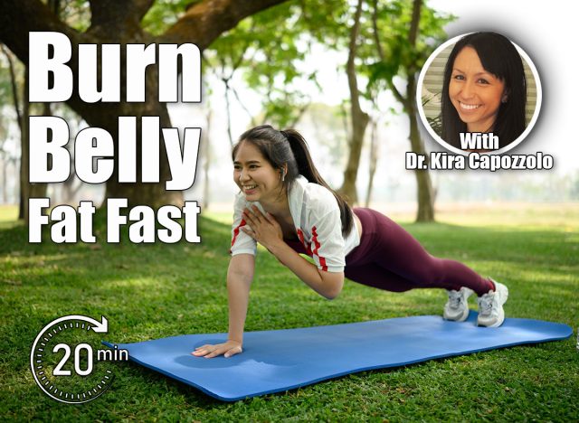 Fit young woman performing a one arm plank on a yoga mat in a sunny park. 8 Bodyweight Moves That Burn Belly Fat Faster Than HIIT After 45. Cover